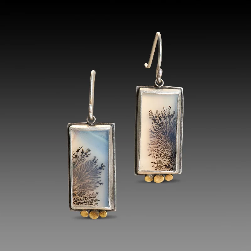 Ladies gold-plated earrings-Dendritic Agate Earrings with Gold Trios