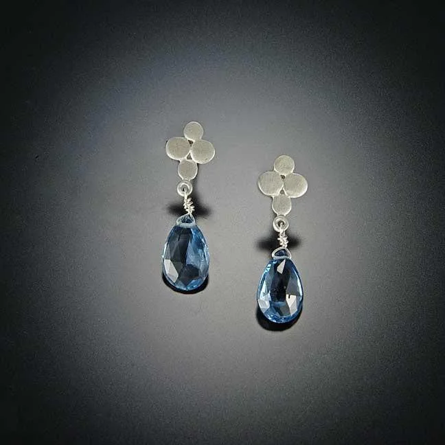 Ladies tropical earrings-Small Multi Disk Stud Earrings with London Blue Topaz Drops