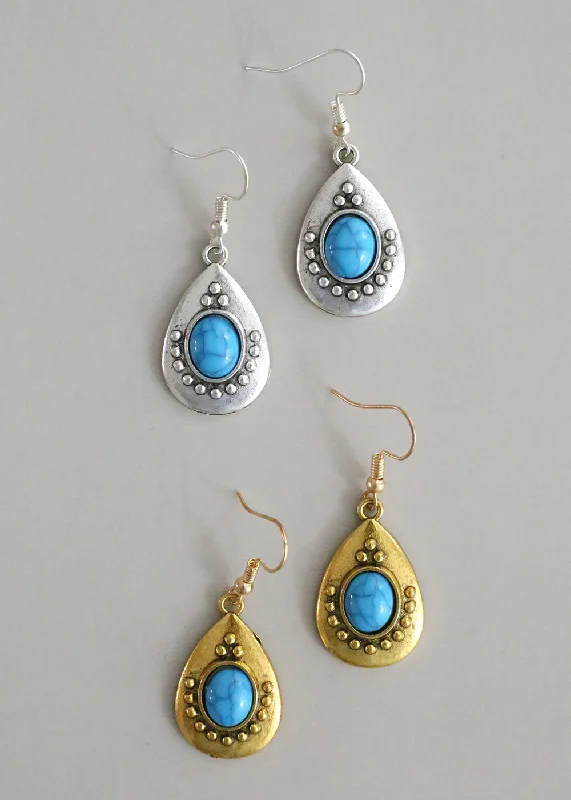 Ladies fashion-forward earrings-Turquoise Teardrop Stone Earrings