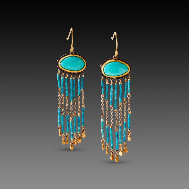 Ladies diamond halo earrings-Turquoise & Gold Beaded Fringe Earrings