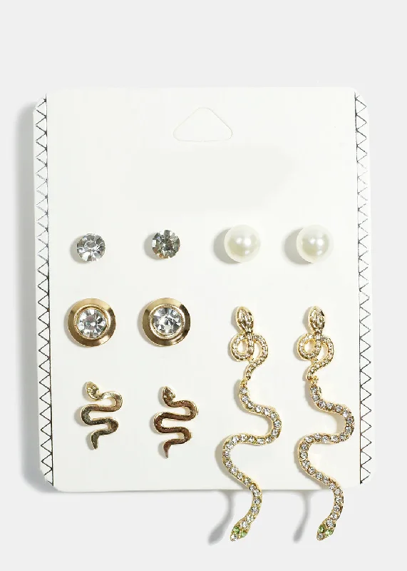 Ladies classic stud earrings-6-Pair Rhinestone & Snake Stud Earrings