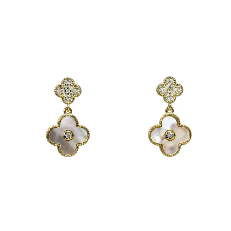 Ladies chandelier earrings-"Mini Madam" Double Clover Drop CZ Earrings