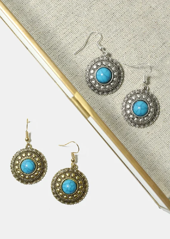 Ladies bold gold earrings-Circle Turquoise Earrings