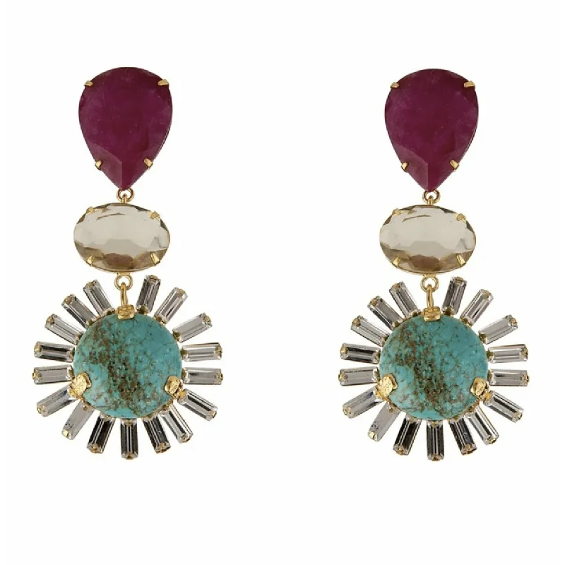 Ladies silver earrings-Ruby Turquoise Drops