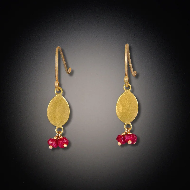 Ladies fashion-forward earrings-Gold Oval Earrings with Ruby Cluster