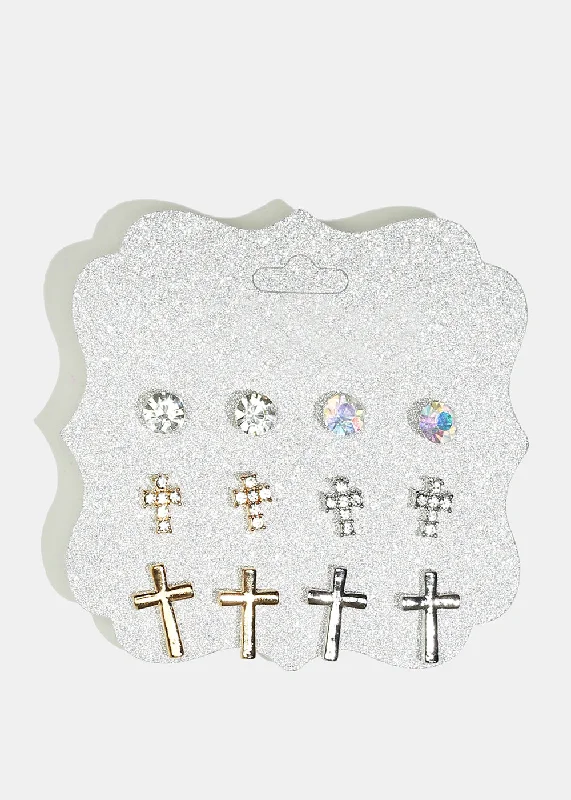 Ladies drop earrings-6-Pair Gemstone & Cross Stud Earrings