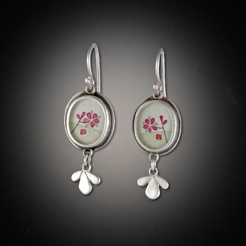 Ladies long earrings-Tiny Oval Plum Blossom Earrings with Leaf Trios