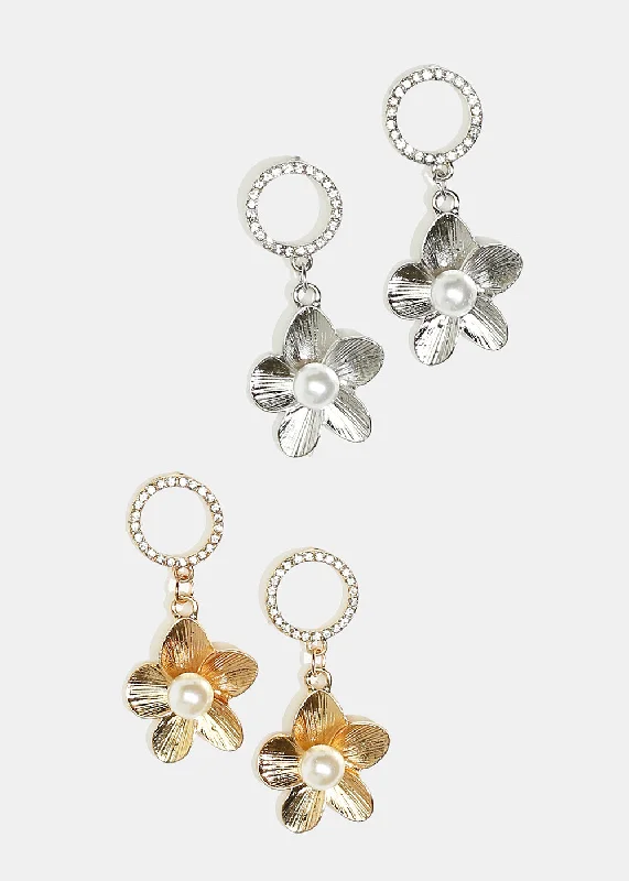 Ladies dangly earrings-Sparkly Circle & Flower Dangle Earrings