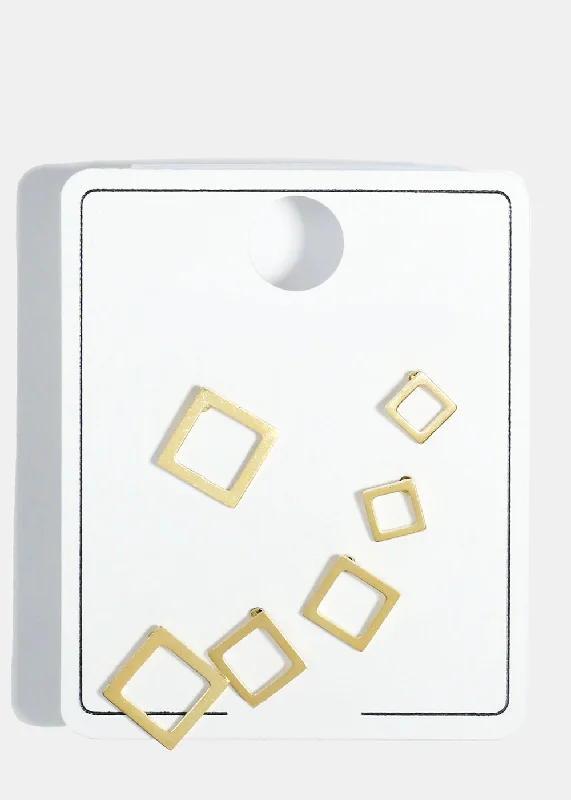 Ladies square stud earrings-3-Pair Studs Earrings