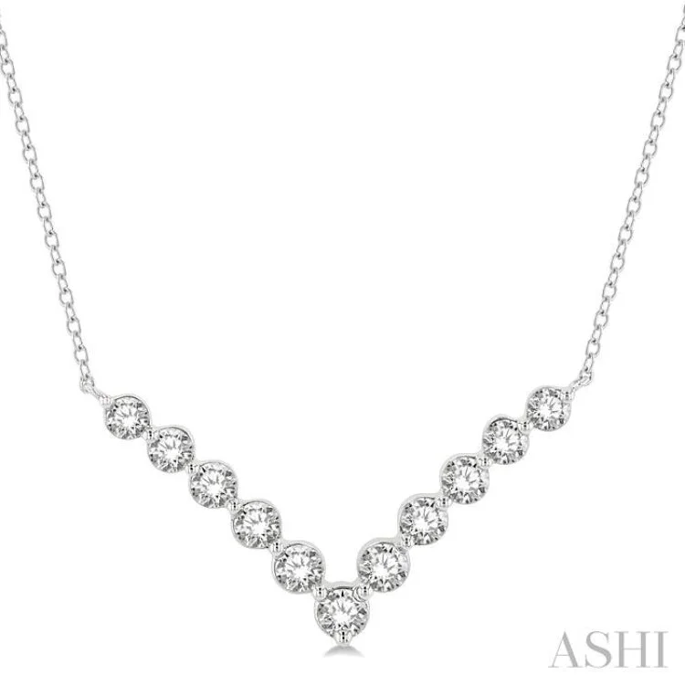 Ladies cross pendant necklace-1 Ctw Chevron Round Cut Diamond Necklace in 14K White Gold