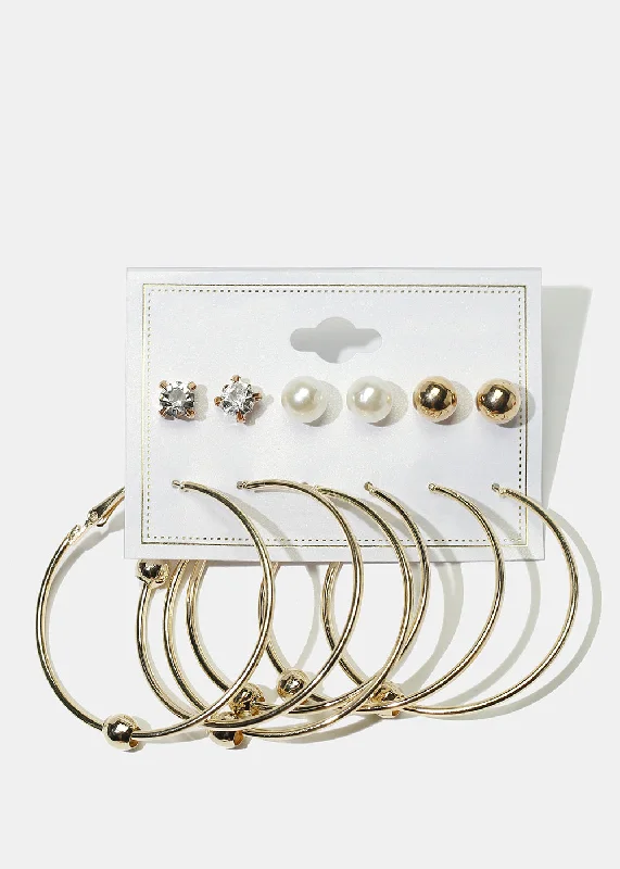 Ladies gold and pearl earrings-6-Pair Multi Stud & Hoop Earrings