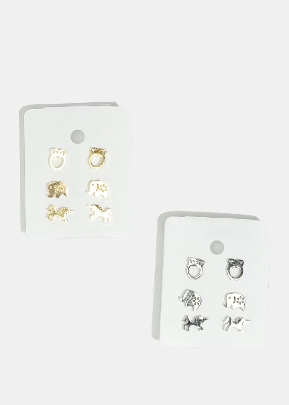 Ladies dangly earrings-3-Pair Animal Stud Earrings