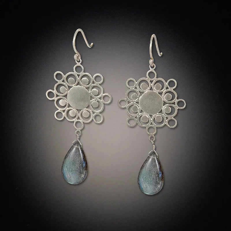 Ladies silver earrings-Open Mandala Earrings with Labradorite