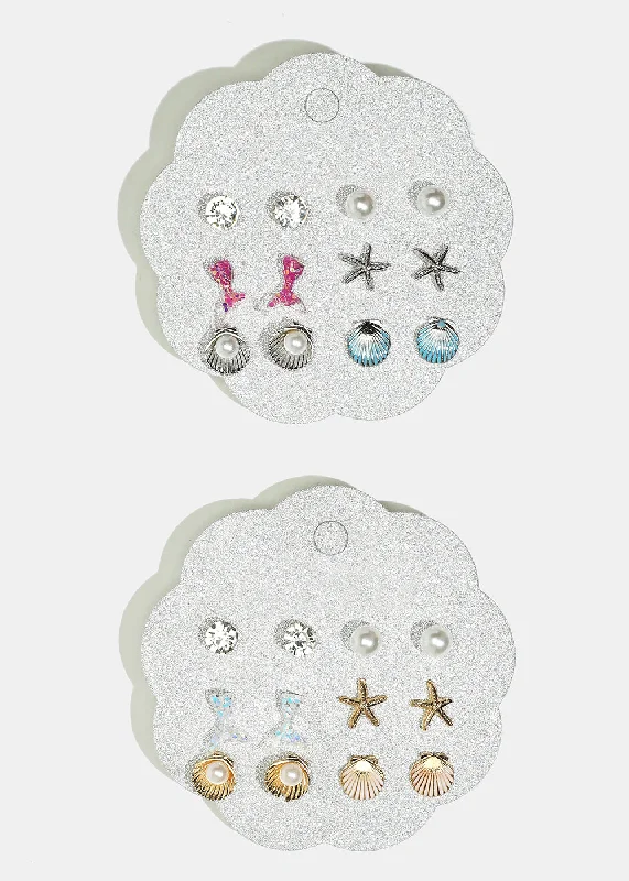 Ladies ear cuff earrings-6-Pair Seashell Stud Earrings