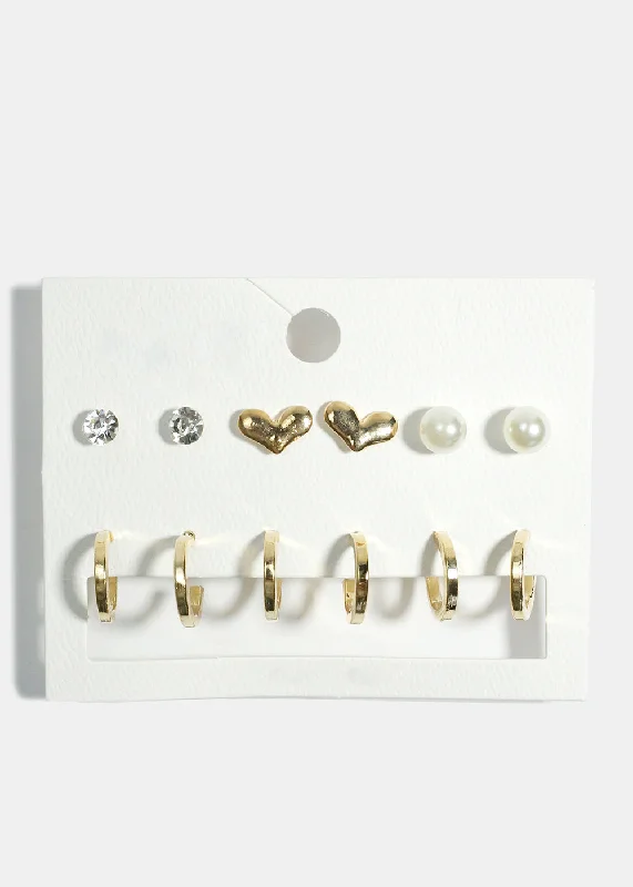 Ladies bold earrings-6-Pair Hoop & Stud Earrings Set