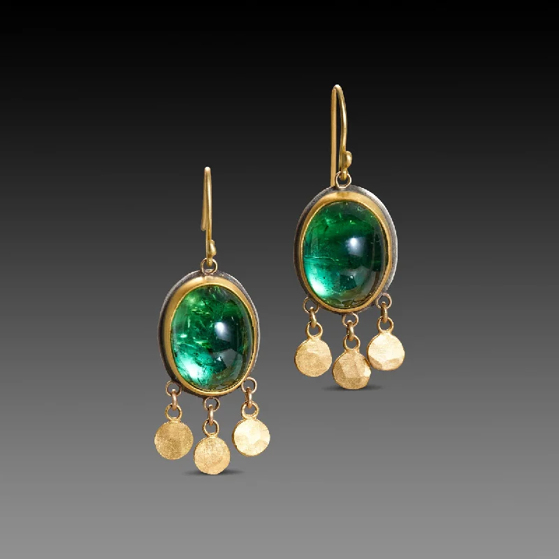 Ladies vintage-inspired earrings-Green Tourmaline Earrings with Gold Fringe