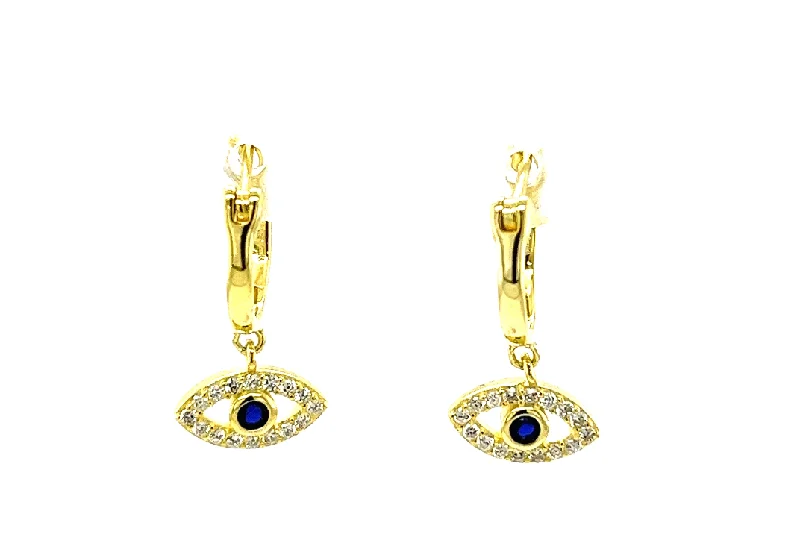 Ladies diamond halo earrings-Pave CZ & Sapphire Evil Eye Hoop Hugger Earrings