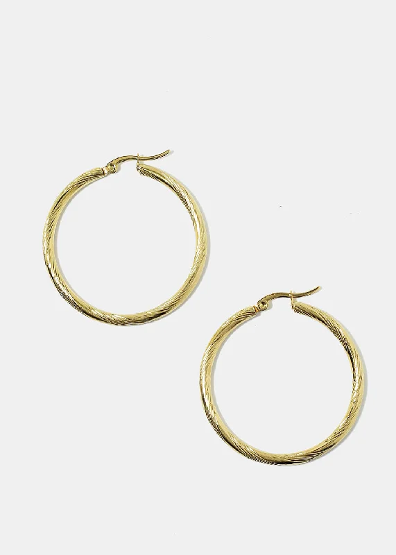 Ladies flower earrings-Medium Size Textured Hoop Earrings