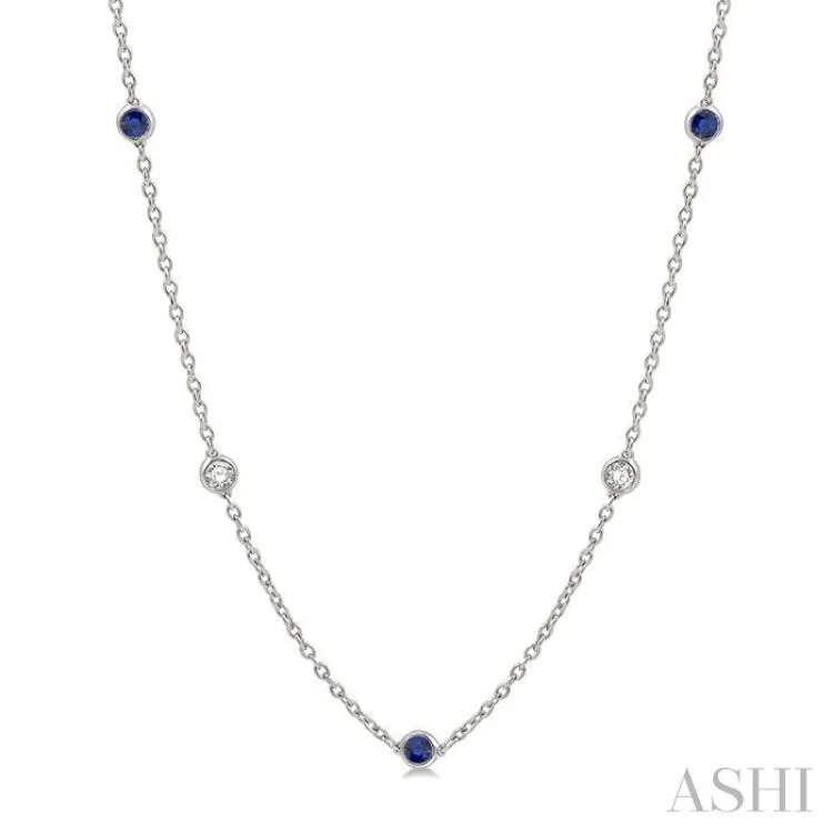 Ladies choker necklace-1/2 ctw Round Cut Diamond and 2.85MM Sapphire Precious Station Necklace in 14K White Gold