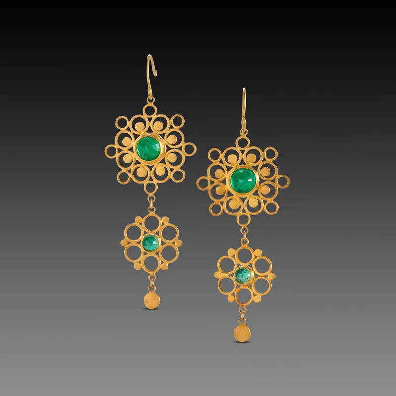 Ladies crystal drop earrings-Double Mandala Earrings with Emeralds