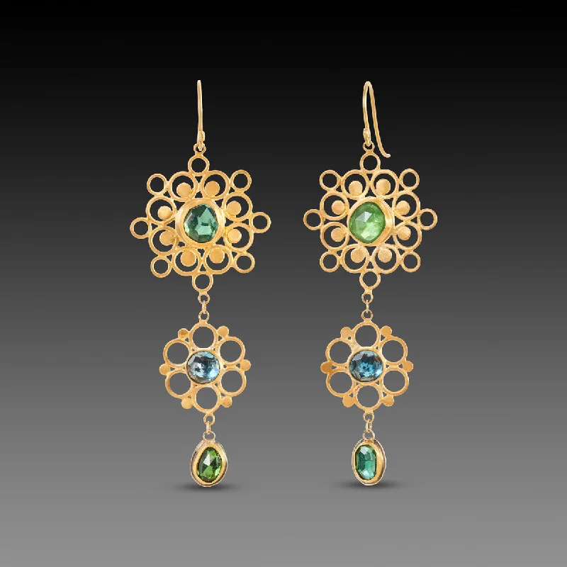 Ladies multi-layered earrings-Tourmaline and Topaz Filigree Earrings