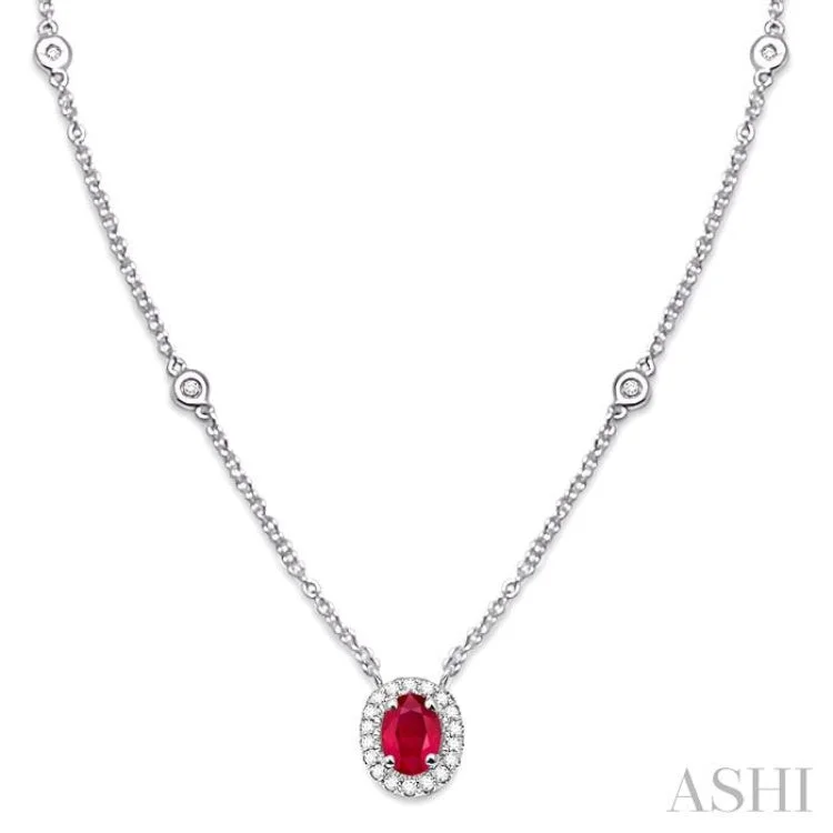 Ladies diamond heart necklace-6X4MM Oval Cut Ruby and 1/6 Ctw Round Cut Diamond Necklace in 14K White Gold