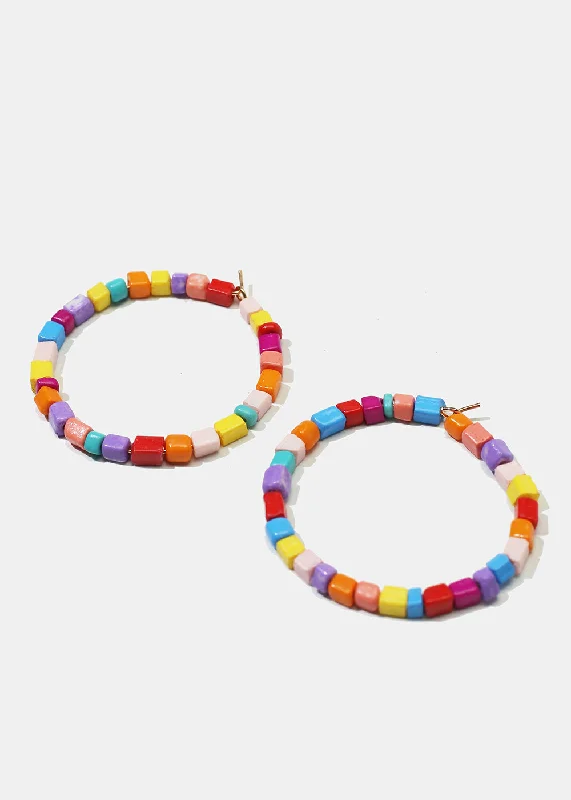 Ladies floral stud earrings-Colorful Bead Hoop Earrings