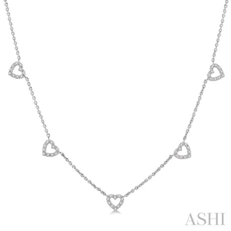 Ladies chain and gemstone necklace-1/6 Ctw Five Heart Round Cut Diamond Necklace in 10K White Gold