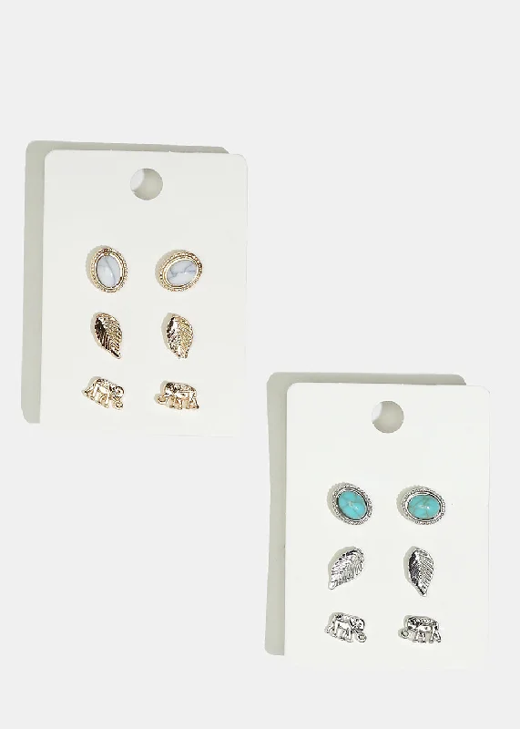 Ladies stud earrings with gemstones-3-Pair Elephant & Leaf Stud Earrings