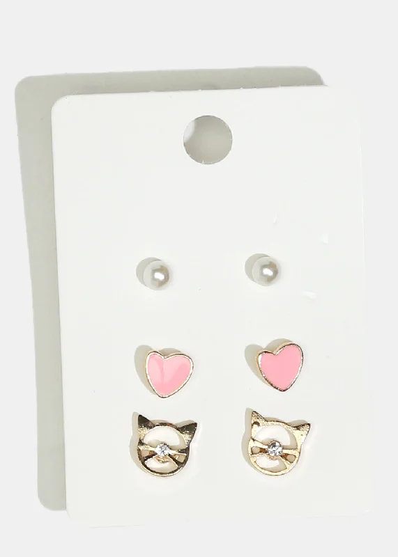 Ladies luxury diamond earrings-3-Pair Heart & Cat Stud Earrings