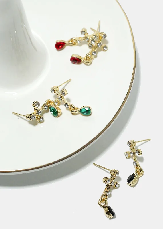 Ladies teardrop earrings-Rhinestone Cross Chic Earrings