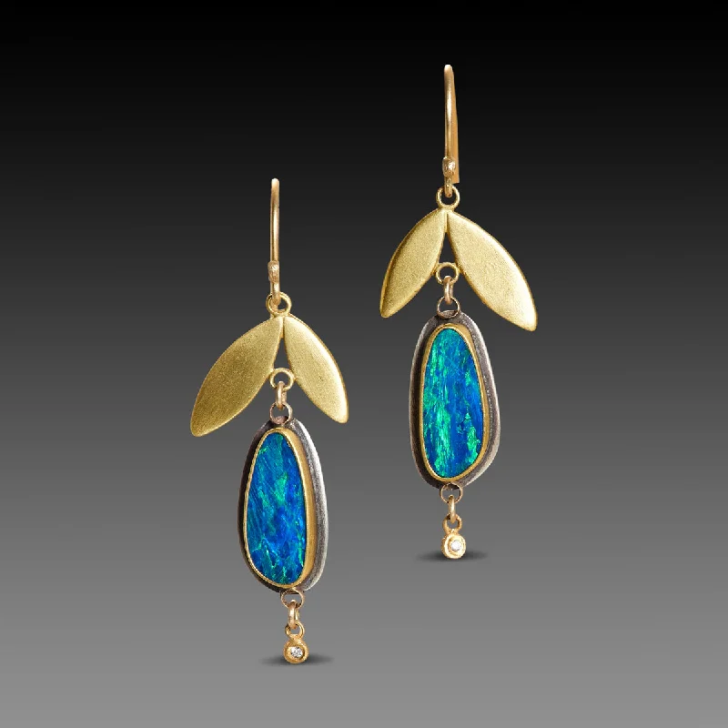 Ladies sapphire earrings-Boulder Opal Earrings with Double Leaf