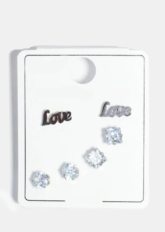 Ladies large statement earrings-3 Pair "LOVE" & Rhinestone Stud Earrings