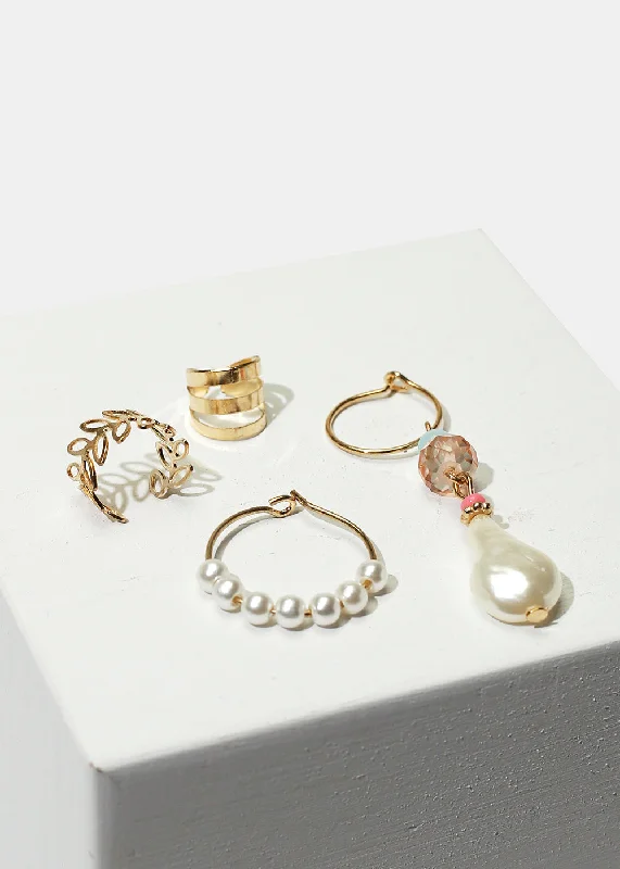 Ladies classic stud earrings-4-Piece Cuff & Pearl-Studded Hoop Earrings