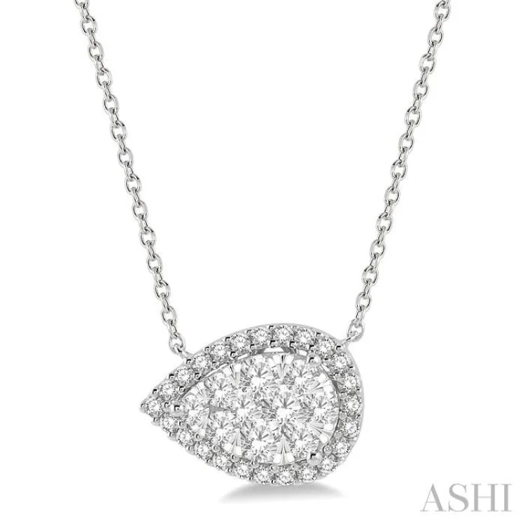 Ladies designer necklace-3/4 ctw Pear Shape Round Cut Diamond Lovebright Necklace in 14K White Gold