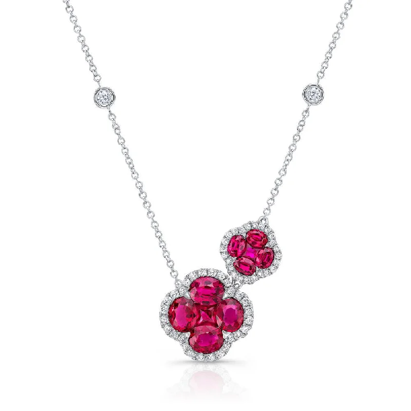 Ladies multi-chain necklace-Uneek Precious Collection Floral Round Ruby Drop Necklace