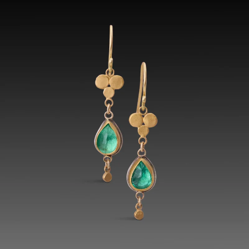 Ladies gemstone drop earrings-Emerald Teardrop Earrings with Gold Trios