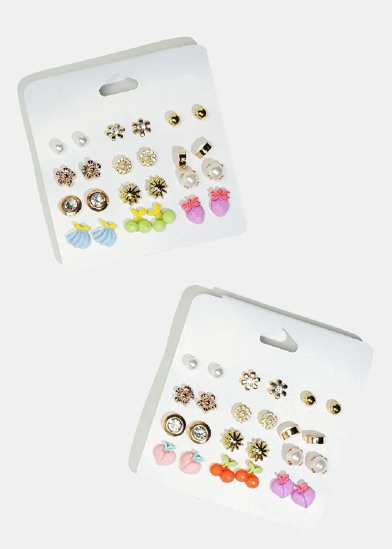 Ladies flower earrings-12-Pair Flower & Fruit Stud Earrings