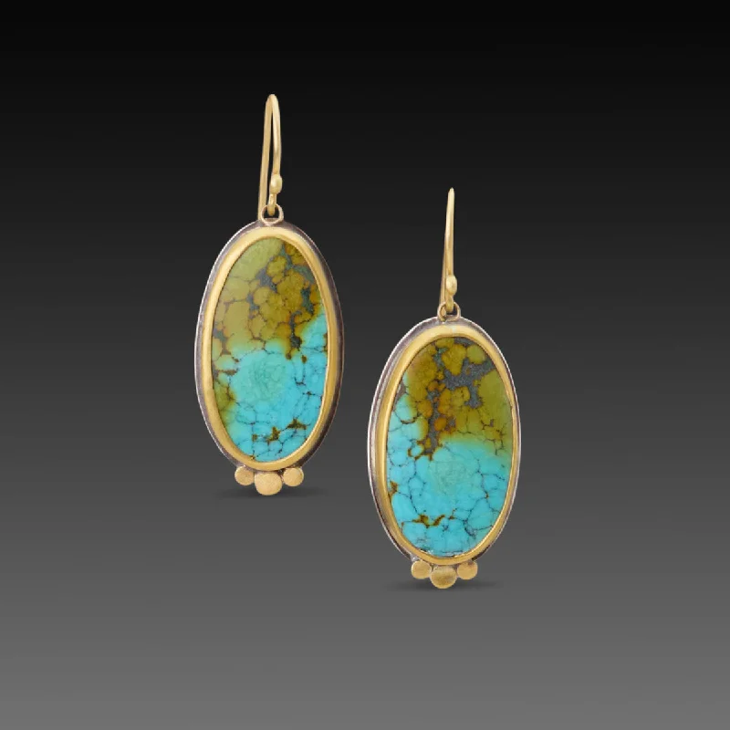 Ladies ruby earrings-Oval Turquoise Earrings with 22k Gold Trios