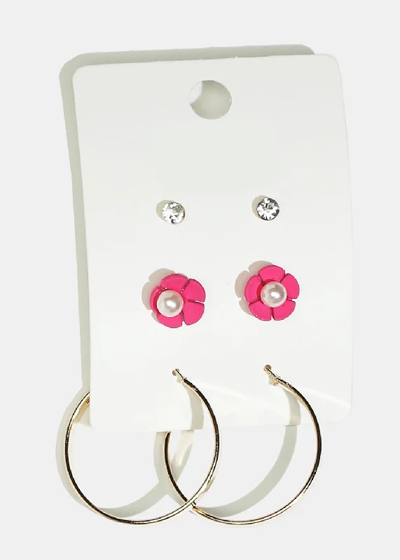 Ladies classic stud earrings-3-Pair Flower Stud & Hoop Earrings