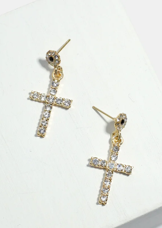 Ladies unique earrings-Rhinestone-Studded Cross Dangle Earrings