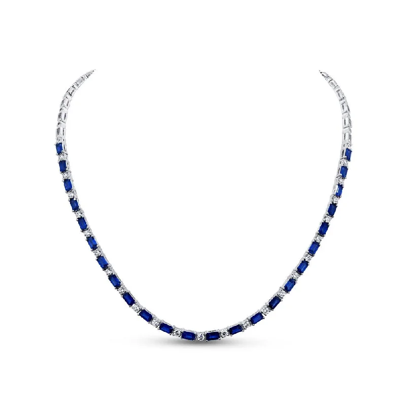 Ladies gold gemstone necklace-Uneek Precious Collection Emerald Cut Blue Sapphire Link Necklace