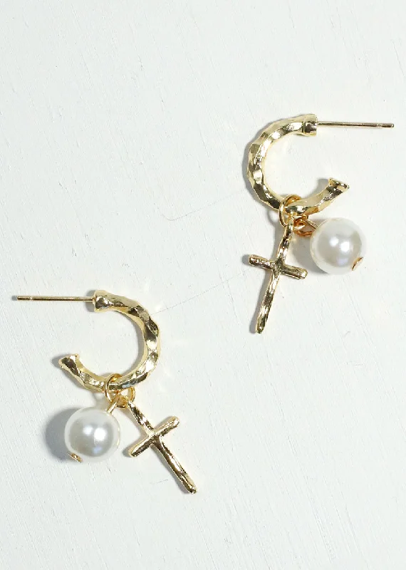 Ladies gem-studded earrings-Pearl & Cross Dangle Earrings