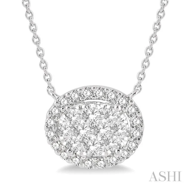 Ladies pearl and gold necklace-3/4 ctw Oval Shape Round Cut Diamond Lovebright Necklace in 14K White Gold