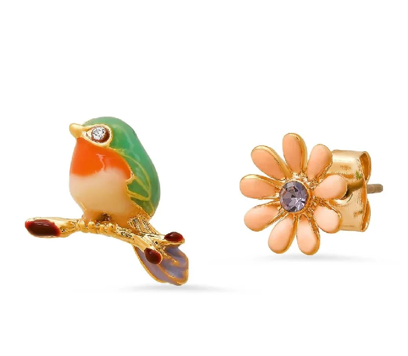 Ladies multi-layered earrings-Enamel Bird and Flower Mismatch Studs