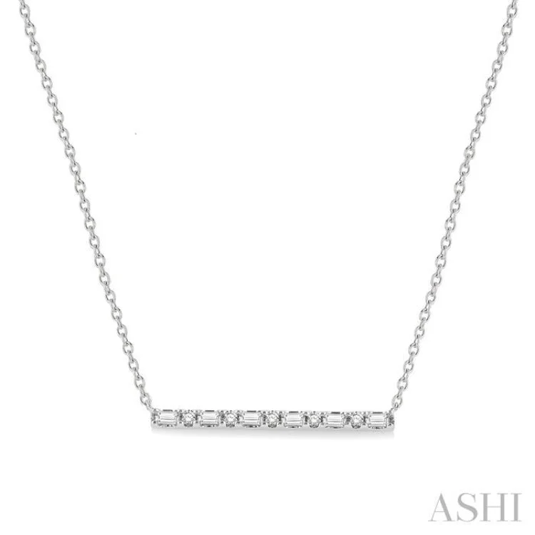 Ladies zodiac necklace-1/6 Ctw Baguette and Round Cut Diamond Petite Bar Necklace in 10K White Gold