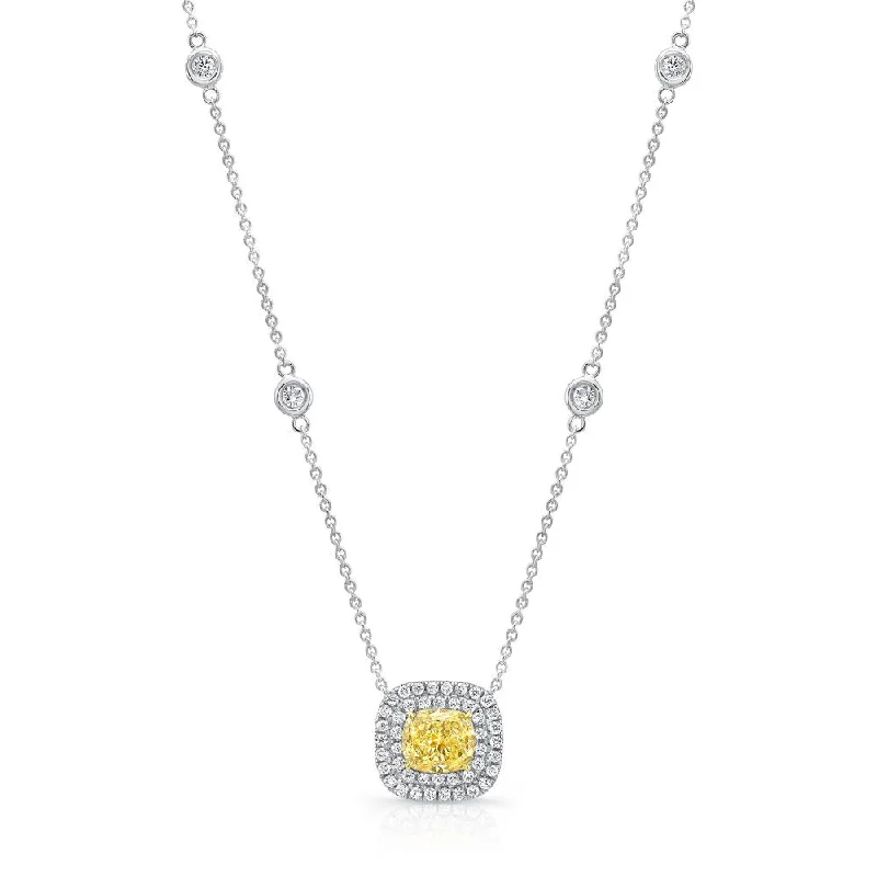 Ladies trendy crystal necklace-Uneek Cushion-Cut Fancy Yellow Diamond Pendant with Double Diamond Halo