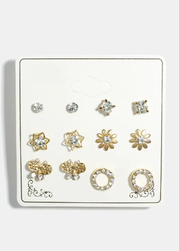 Ladies gold and pearl earrings-6-Pair Multi Design Stud Earrings