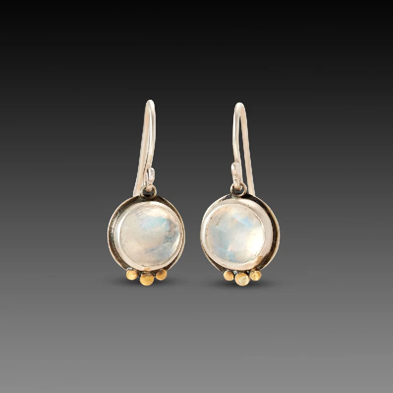 Ladies clip-on earrings-Round Moonstone Earrings with Gold Trios