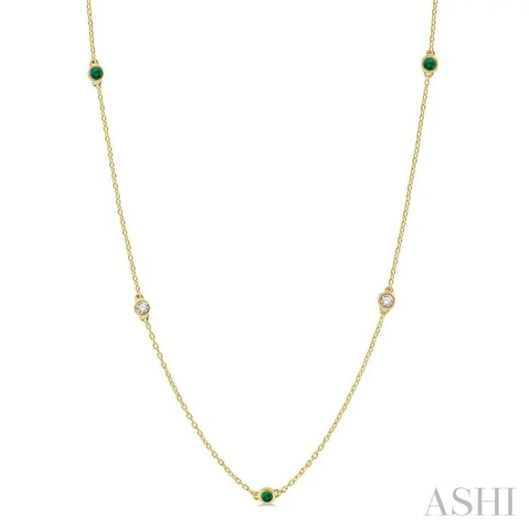 Ladies statement necklace-3/8 ctw Round Cut Diamond and 2.6MM Emerald Precious Station Necklace in 14K Yellow Gold